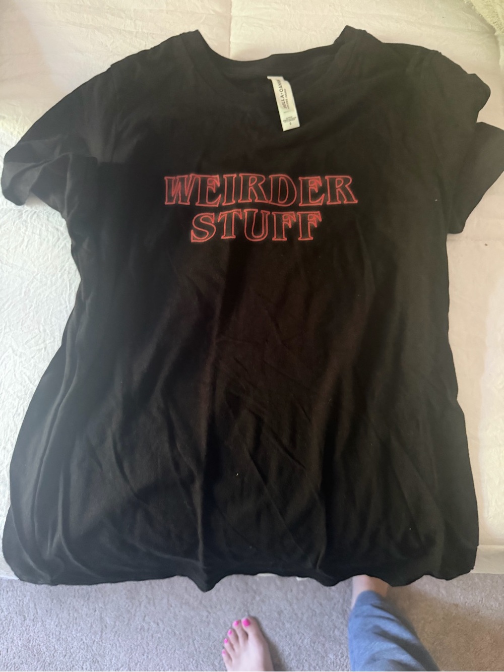 Bella Canvas Black Short Sleeve Tee with Red "WEIRDER STUFF" Print
